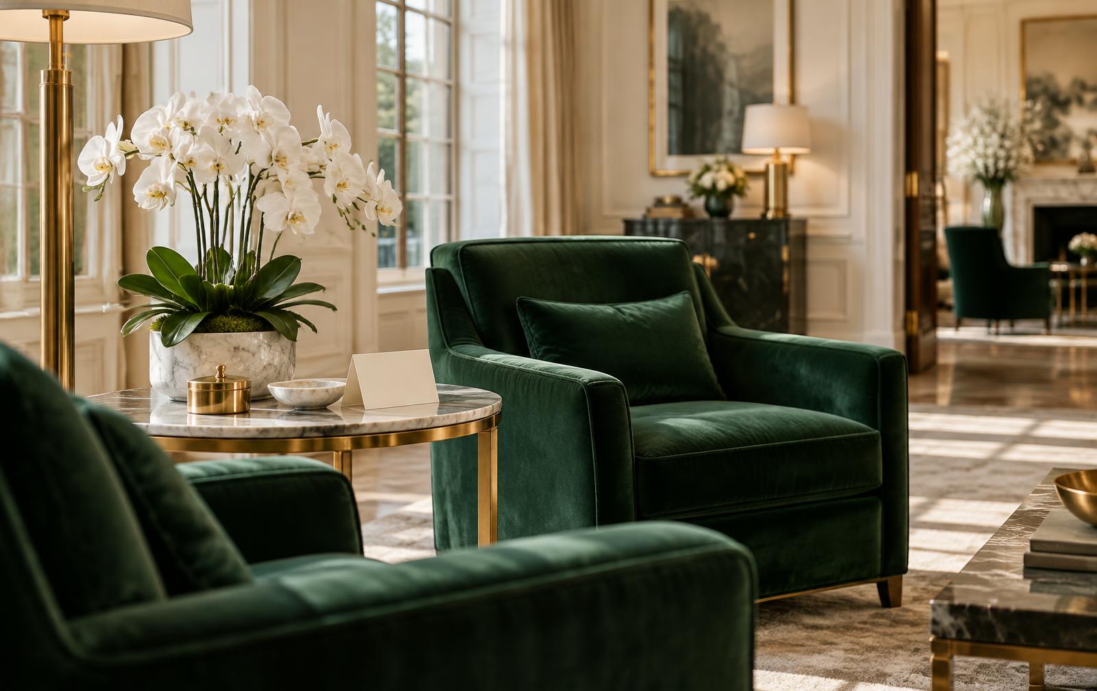 A serene emerald and gold client lounge